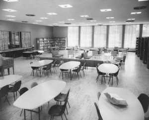 The card catalogue, reading area, and west stacks, 1954