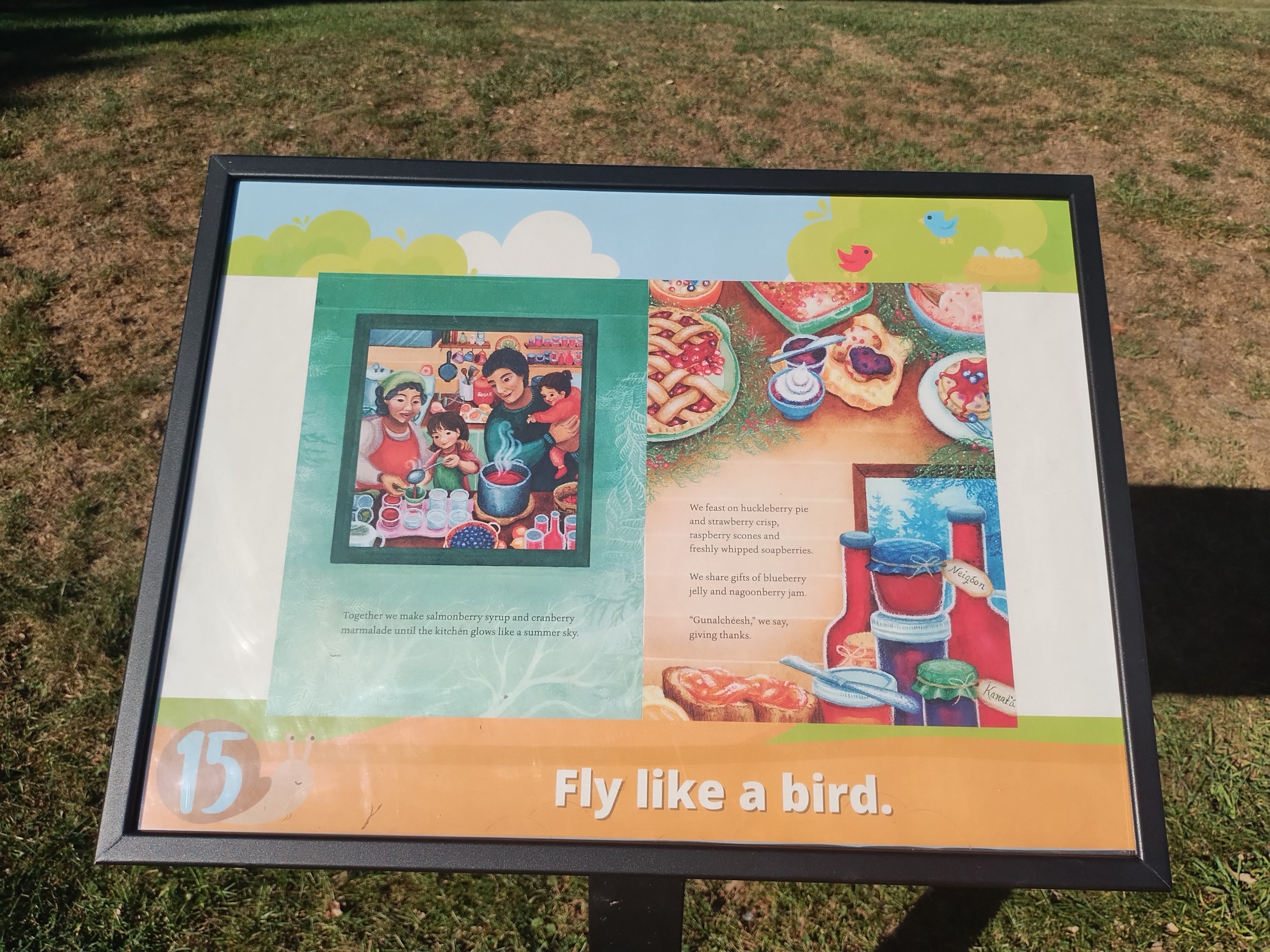 Story Trail sign 15 with a book page and the phrase "Fly like a bird".