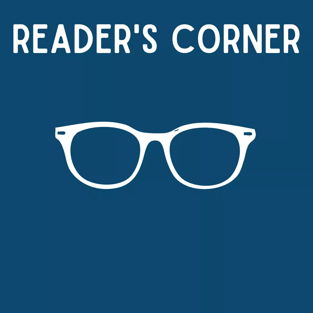 link to Reader&#039;s Corner page, links to book websites, recommendations, etc. Images is of a pair of glasses. 