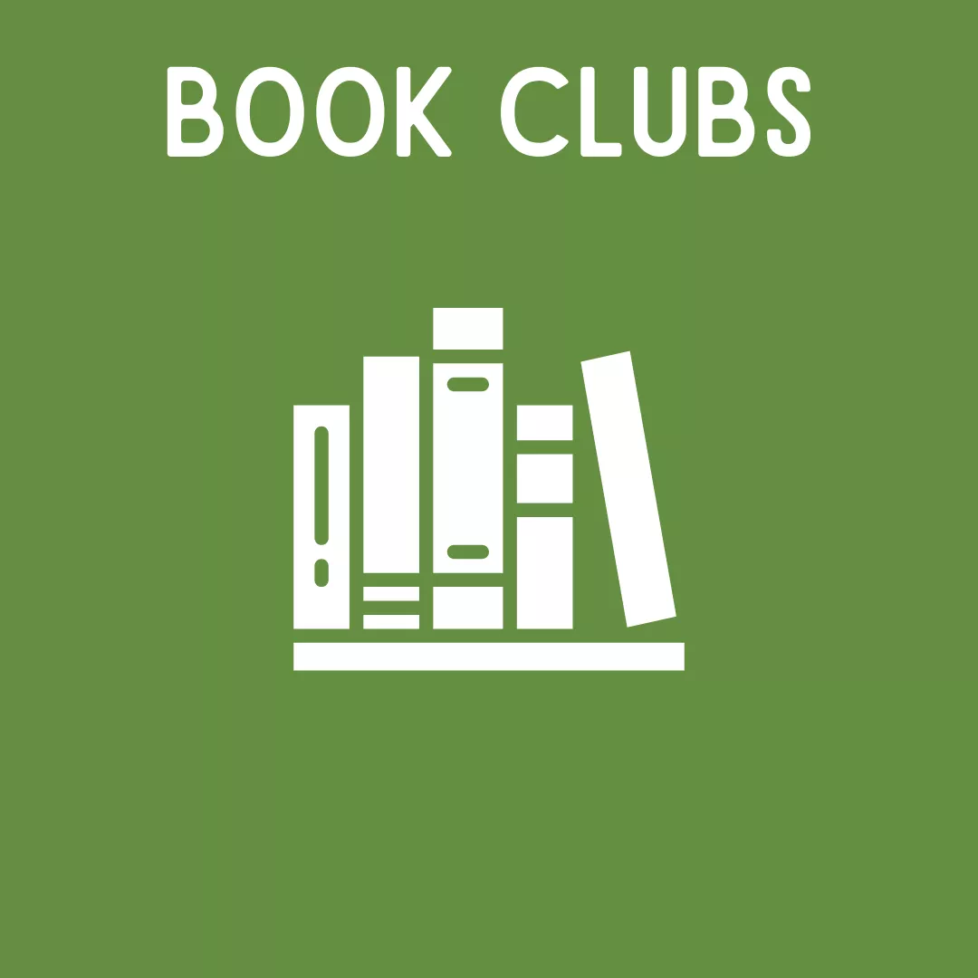 link to the library book clubs for adults, image of a shelf of books